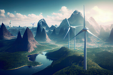 Wall Mural - concept environment and renewable energy illustration. Wind turbines with city and mountain