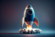 © surassawadee - 3d rendering flying rocket on dark blue background with copy space for text or message