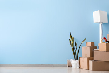 Wall Mural - Moving cardboard boxes with houseplant and lamp near blue wall