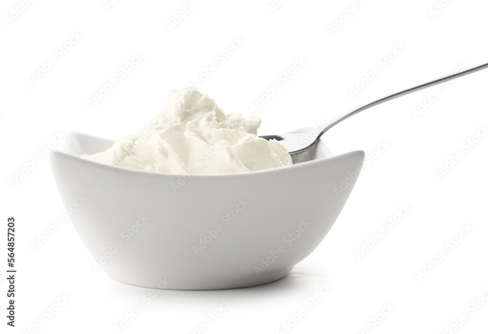 Bowl of delicious cream cheese on white background