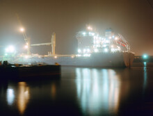 Oil Tanker Jutta Tied To The Irving Terminal In Portland, ME On A Foggy Evening