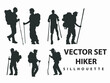 © Dani - vector set of Hiker and backpaker adventure diferent style Silhouettes, climbing, camping, mountain, isolated on white background