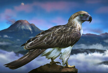 Stylized Image Of A Philippine Eagle Against A Dramatic Mountain Backdrop.