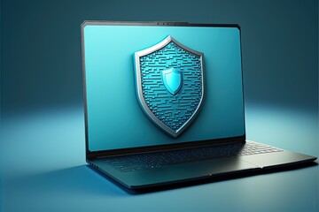 Antivirus shield on laptop screen, blue background. Generative AI