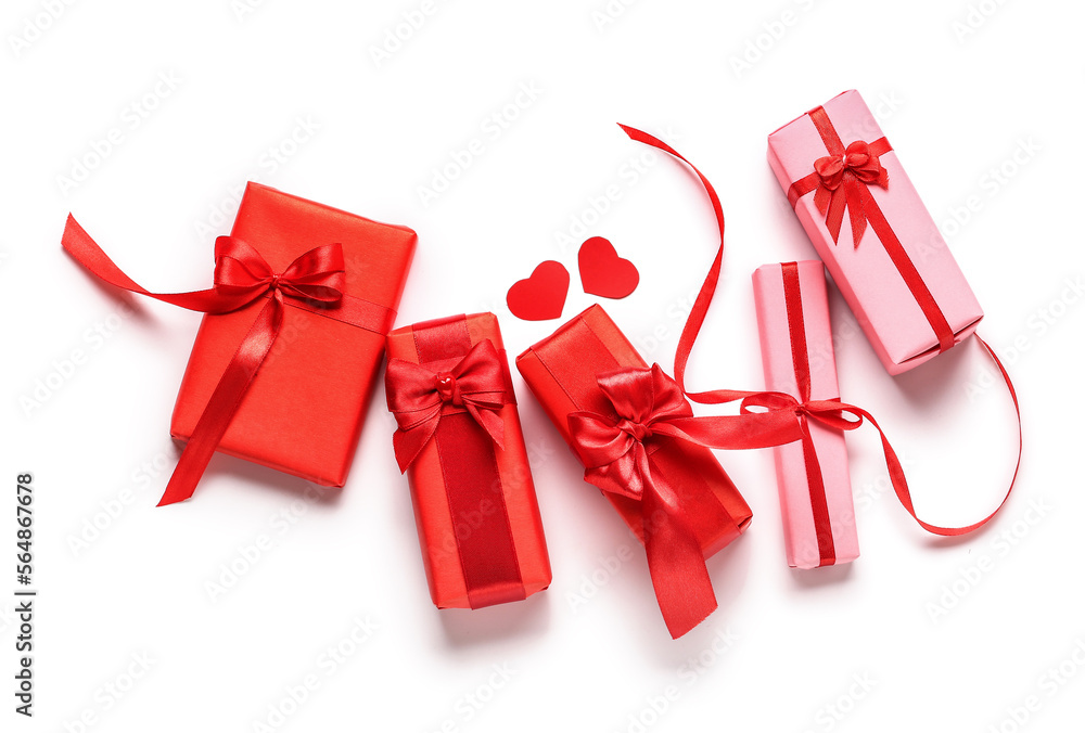 Different gift boxes isolated on white background. Valentine's Day celebration