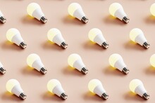 Many Light Bulbs On A Pastel Background. Concept 3d Illustration.