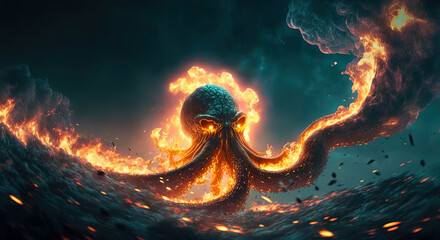 Wall Mural - giant octopus on fire that is moving through interstellar space. Generative AI