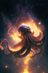 Wall Mural - giant octopus on fire that is moving through interstellar space. Generative AI
