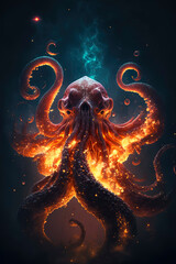Wall Mural - giant octopus on fire that is moving through interstellar space. Generative AI