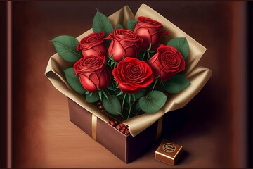 Wall Mural - Bouquet of red roses and a box of chocolates for a Valentine's Day gift