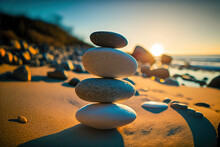 Stack Of Zen Stones On Pebble Beach At Sunset. Post-processed Generative AI	
