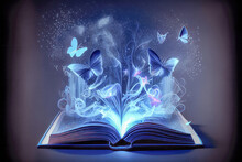 Magic Book With Bleu Magic Light, AI Generated.