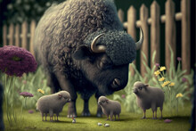 Cute Buffalo With His Kids Character At Garden Background. Generative AI