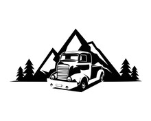 1940s Chevy Coe Truck Silhouette. Isolated White Background View From Side. Premium Truck Vector Design With Mountain View. Best For Badge Concept Logo. Available Eps 10.