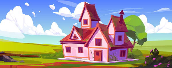 Wall Mural - Countryside landscape with farm house, garden with tree and bushes with flowers, green fields. Rural nature scene with village cottage and meadows, vector cartoon illustration