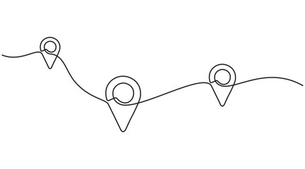 Wall Mural - Continuous one line drawing of path and Location pointers. Simple pin between multiple points Hint location in thin Linear style. Gps navigation and Travel concept. Doodle vector illustration