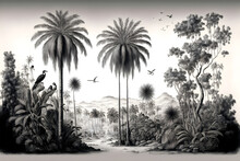 Vintage Wallpaper - An Oasis Of Palm Trees, Mountains With Birds With A Black And White Background
