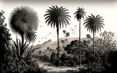  Vintage wallpaper - an oasis of palm trees, mountains with birds with a black and white background
