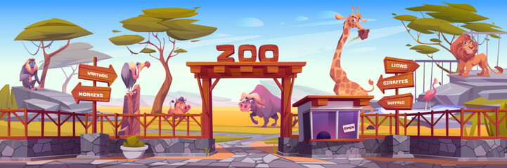 Zoo park with african animals, trees, fence and entrance with wooden arch and cashier booth. Landscape of zoological park with lion, baboon, wildebeest and giraffe, vector cartoon illustration