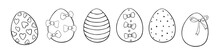 Set Of Vector Outline Ornamental Easter Eggs With Hearts, Stains, Bows. Holiday Illustrations, Clip Art In Hand Drawn Doodle Style For Greeting Cards, Festive Design