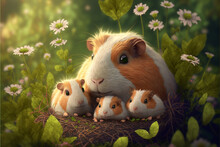 Cute Guinea Pig With His Kids Character At Garden Background. Generative AI