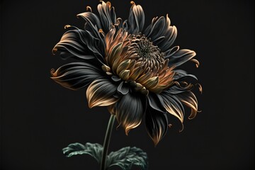 Wall Mural -  a large black flower with a yellow center on a black background with a green stem in the center of the flower, with a dark background with a black background with a few green leaves.