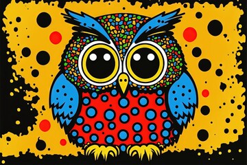  a colorful owl with big eyes on a yellow background with dots and spots on it's face, with a black background with dots and a black border around the edges, and a yellow border with a black border.