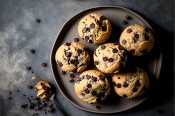 Wall Mural -  a plate of chocolate chip cookies on a table with a fork and a glass of milk next to it and a fork on the plate with a bite taken out of the cookies on the plate.