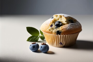 Wall Mural -  a muffin with blueberries and a leaf on a table next to it, with a bite taken out of it, and a few more muffins left out of the muffin.