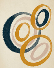 Painting Of Layered Pink, Yellow And Blue Circles And Ovals. 