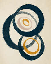 Minimal Abstract Art With Navy Blue, Pink And Yellow Ovals.