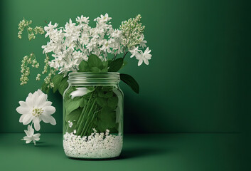  a jar filled with flowers sitting on top of a table next to a green wall and a white flower bouquet in it's center of flowers, with a green background, with a green background.