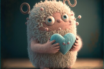 A small cute illustrated fantasy pastel color creature of wool holding a love heart. A baby monster from a children's fairy tale. Generative AI