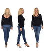© Curto - back, front and side view of same woman with jeans and heeled shoes on white background