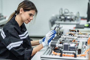 Team woman of engineers practicing maintenance Taking care and practicing maintenance of old machines in the factory so that they can be used continuously.