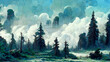 Panorama of foggy forest. in a misty day illustration Generative AI Content by Midjourney