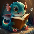 cute baby dragon reading a book 