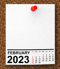 Poster - Calendar February 2023 on Blank Note Paper. 3d Rendering