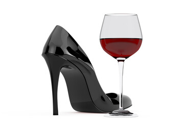 Poster - Black High Heels Wooman Shooes with Red Wine Glass. 3d Rendering