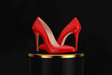 Poster - Red High Heels Wooman Shooes over Black Promotion Stand. 3d Rendering