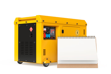 Fototapete - Big Yellow Outside Auxiliary Electric Power Generator Diesel Unit for Emergency Use with Blank Paper Desk Spiral Calendar. 3d Rendering