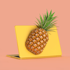 Leinwandbilder - Fresh Ripe Tropical Healthy Nutrition Pineapple Fruit with Yellow Modern Laptop. 3d Rendering