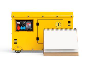 Fototapete - Big Yellow Outside Auxiliary Electric Power Generator Diesel Unit for Emergency Use with Blank Paper Desk Spiral Calendar. 3d Rendering