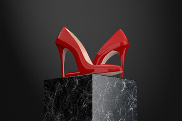 Aufkleber - Red High Heels Wooman Shooes over Black Promotion Cube. 3d Rendering