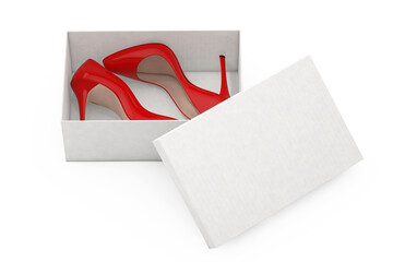 Aufkleber - Red High Heels Wooman Shooes with Blank White Cardboard Shoebox. 3d Rendering