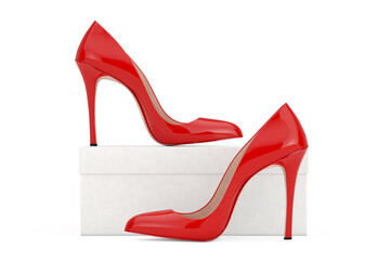 Aufkleber - Red High Heels Wooman Shooes with Blank White Cardboard Shoebox. 3d Rendering