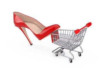 Poster - Red High Heels Wooman Shooes with Shopping Cart Trolley. 3d Rendering