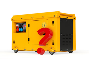 Poster - Big Yellow Outside Auxiliary Electric Power Generator Diesel Unit for Emergency Use with Red Question Mark. 3d Rendering