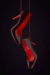 Aufkleber - Black and Red High Heels Wooman Shooes Hanging on Rope. 3d Rendering