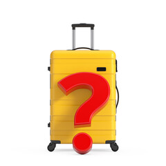 Poster - Travel Holiday Vacation Concept. Modern Luxury Plastic Yellow Suitcase with Red Question Mark. 3d Rendering
